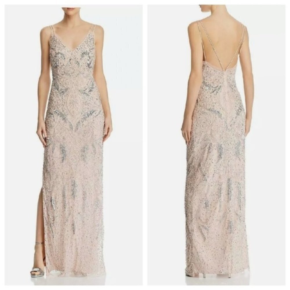 NEW AIDAN MATTOX Petal Blush Deco Beaded Sequin Formal Evening Maxi Gown Dress